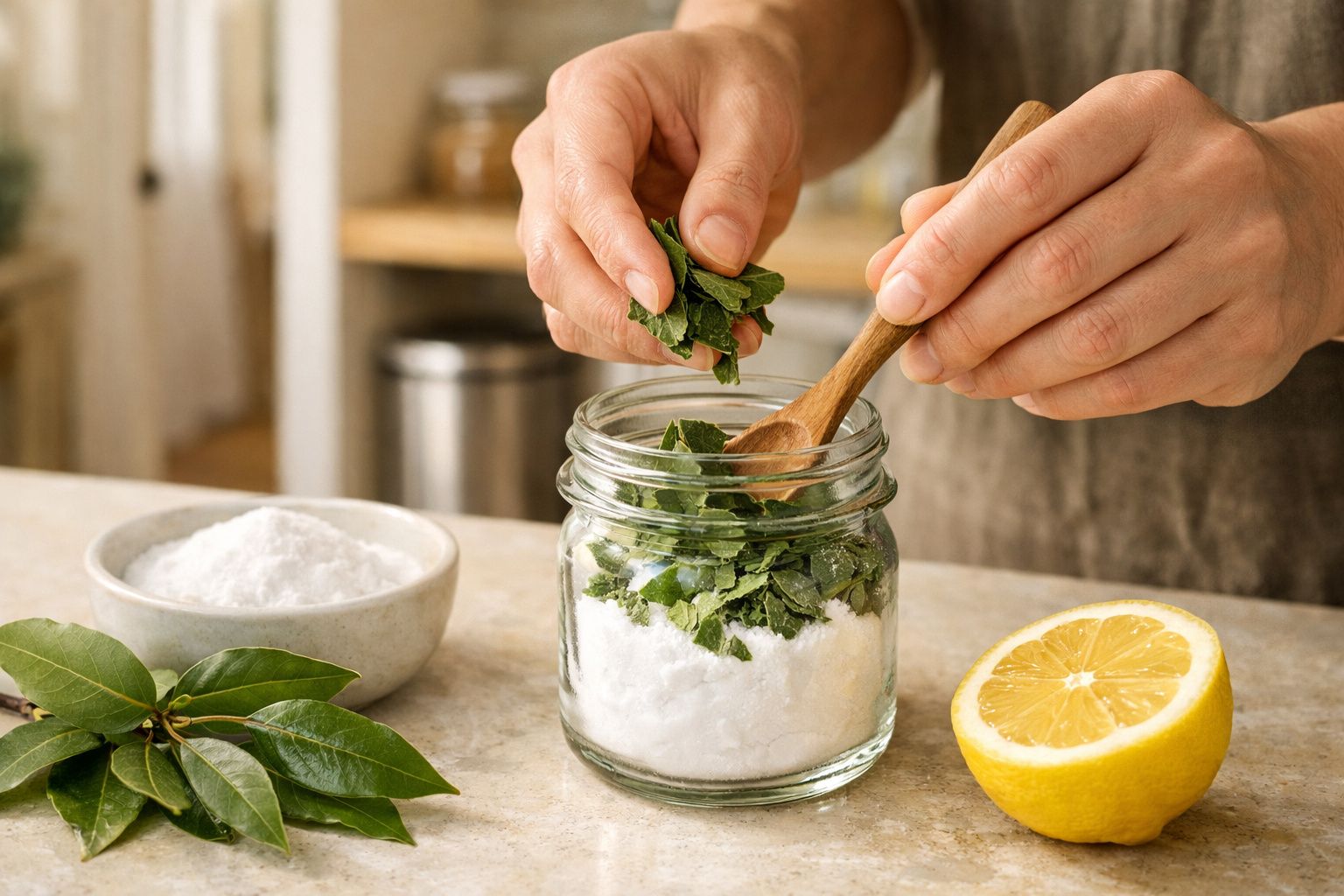 Mãos adicionam folhas verdes a um frasco com sal, ao lado de uma metade de limão e uma tigela de sal.