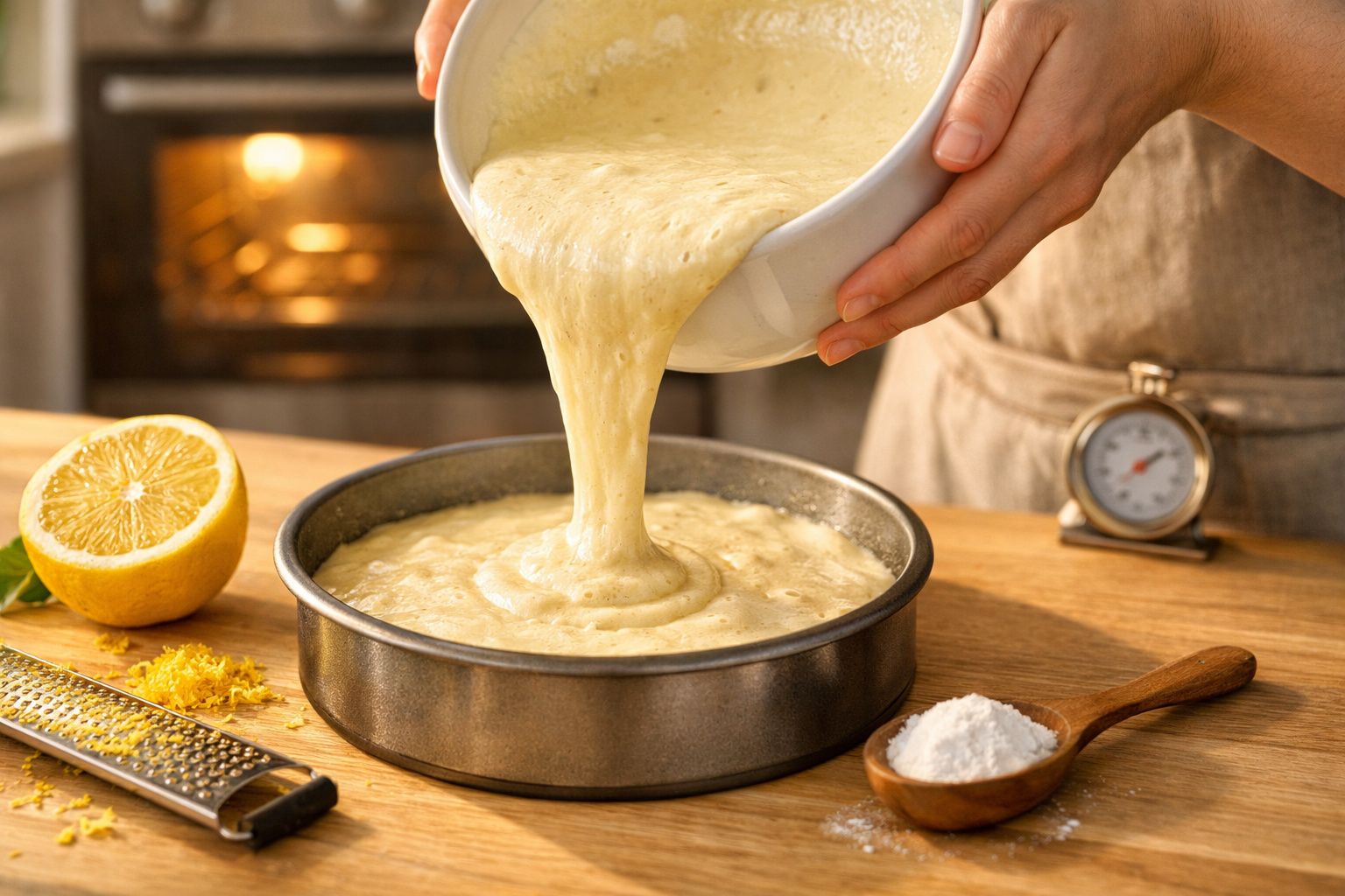 Pessoa a verter massa de bolo numa forma redonda. Limão e ingredientes visíveis ao lado. Forno ao fundo.