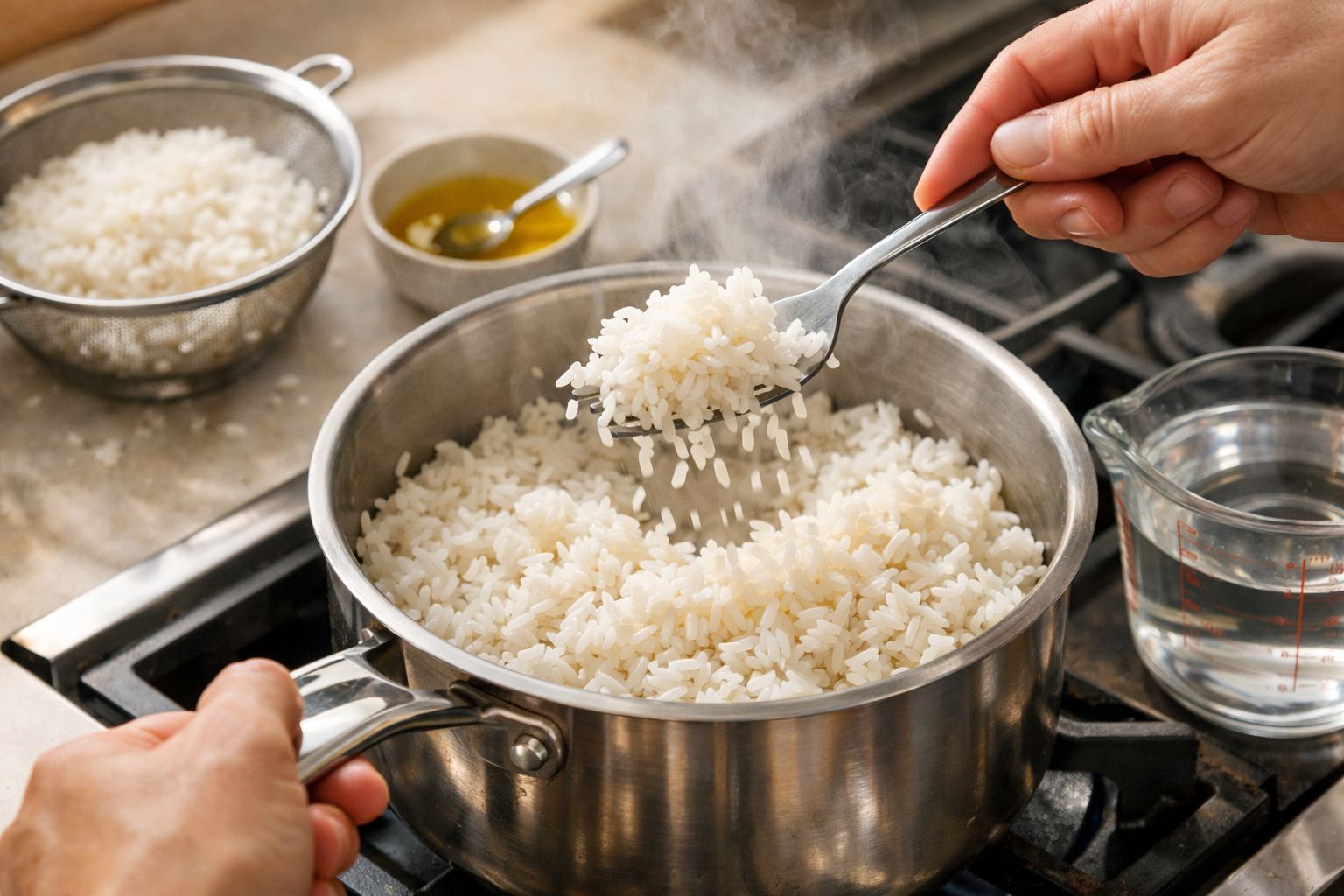 Arroz branco cozido numa panela de inox, com vapor por cima, servido com uma colher num ambiente de cozinha.