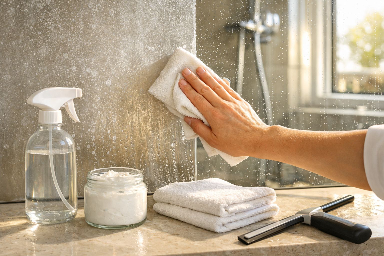 Mão limpando uma superfície de vidro com pano, spray e pote de creme ao lado em bancada iluminada pelo sol.