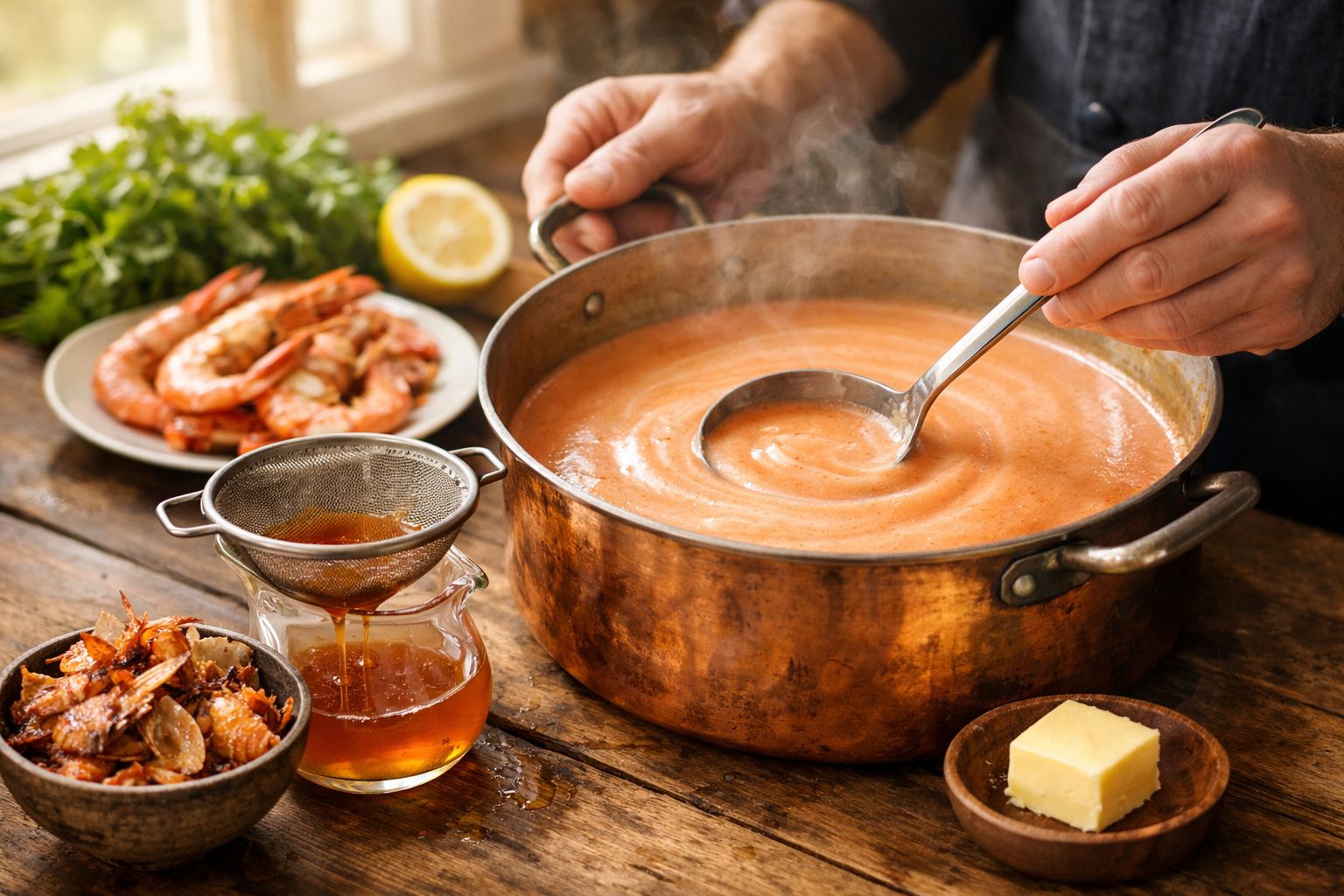 Mãos segurando uma concha numa panela de cobre com sopa cremosa, num balcão de madeira com camarões, limão e ervas.