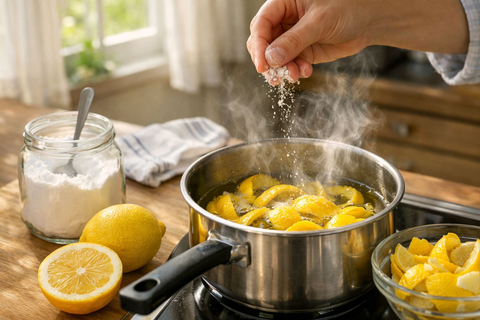 Pessoa tampa panela com fatias de limão a ferver; caixa de sal e limão ao lado.