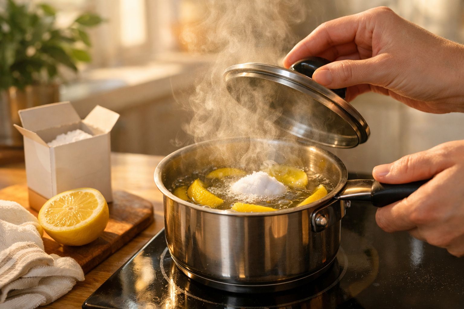 Mãos levantando tampa de panela com água a ferver, fatias de limão e sal. Fundo de cozinha desfocado.
