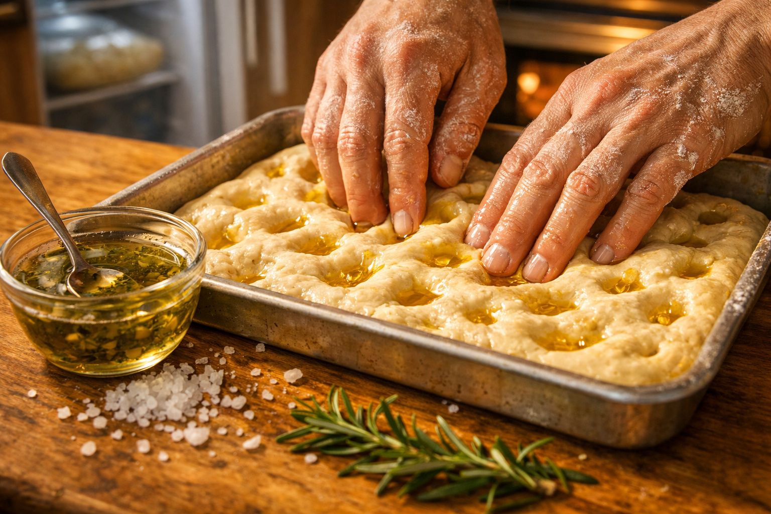 Mãos pressionam massa de focaccia numa forma, ao lado de azeite com ervas e alecrim.