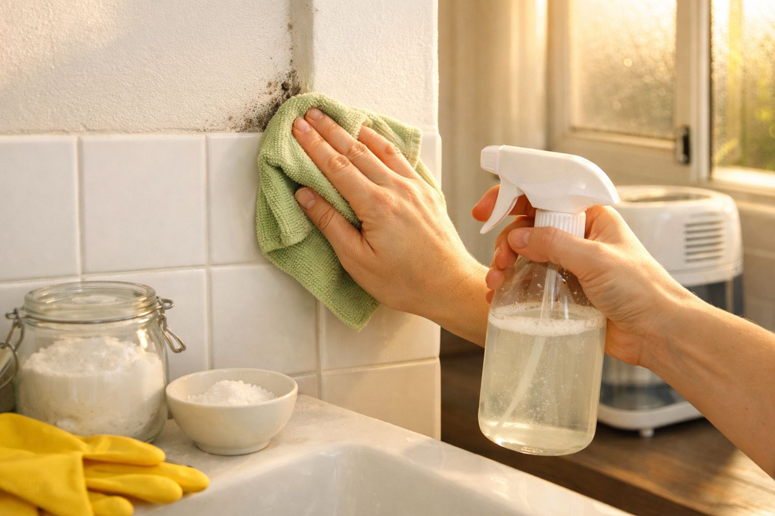 Pessoa a limpar azulejos com pano verde e spray, recipientes de pó branco ao lado.