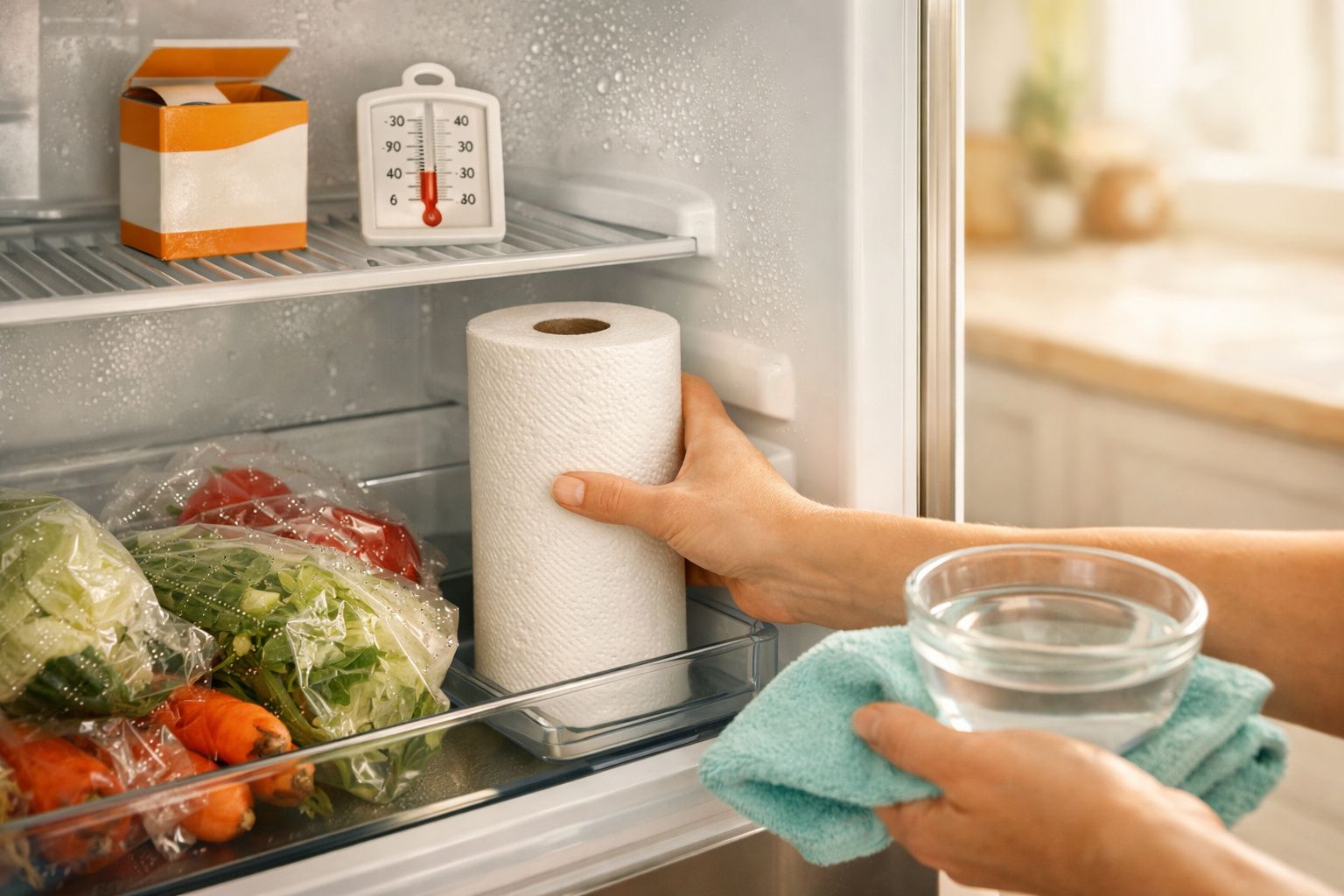 Pessoa coloca papel de cozinha no frigorífico com vegetais, termómetro, taça de água e pano.