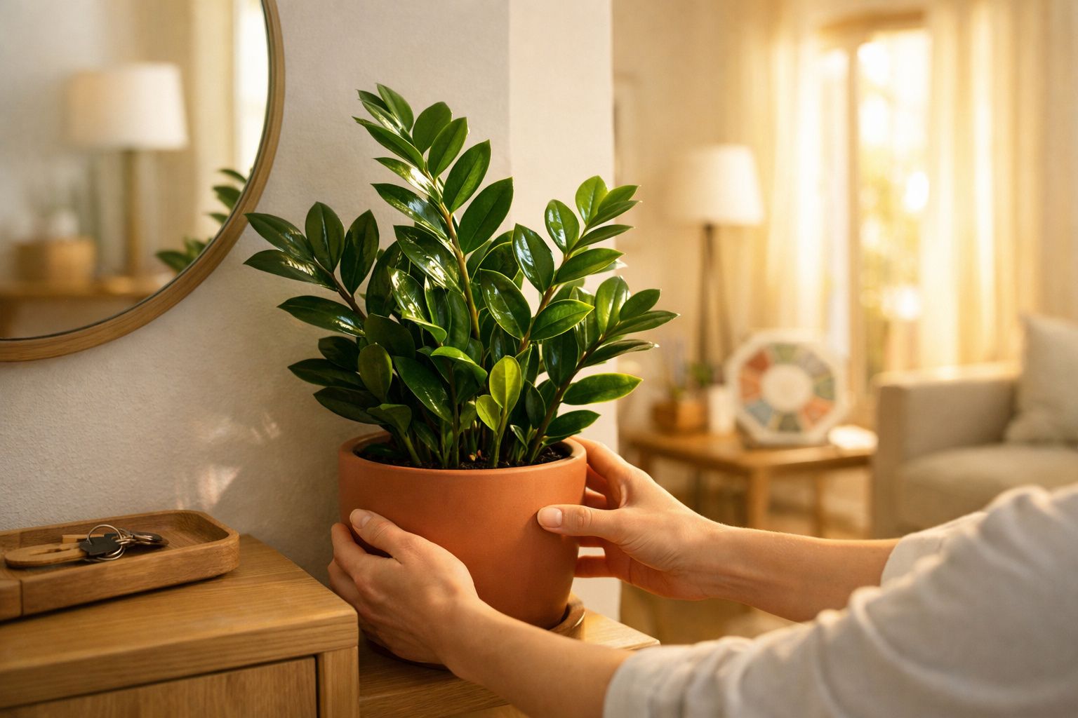 Mãos a ajustar vaso de planta verde em suporte, ao lado de toalha e bússola numa bancada de madeira iluminada pelo sol.