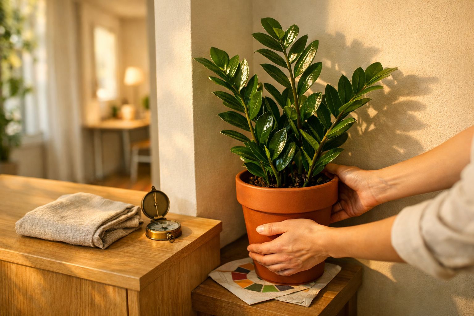 Pessoa ajusta vaso de planta numa mesa de madeira ao lado de uma bússola e toalha, recebendo luz do sol num interior acolhedo