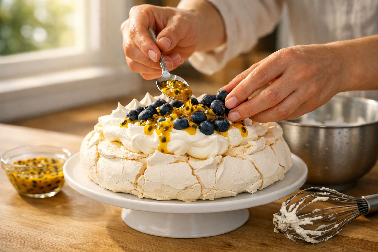 Pessoa decora pavlova com creme, mirtilos e maracujá num prato. tigela e batedor ao lado.