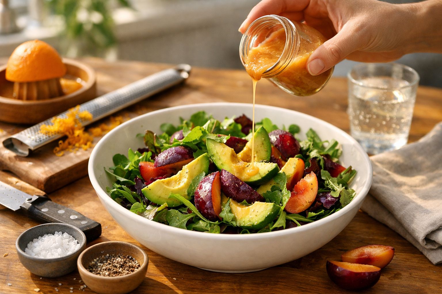 Duas mãos servem salada com abacate, ameixa e tomate. Ingredientes frescos num prato rústico de madeira.