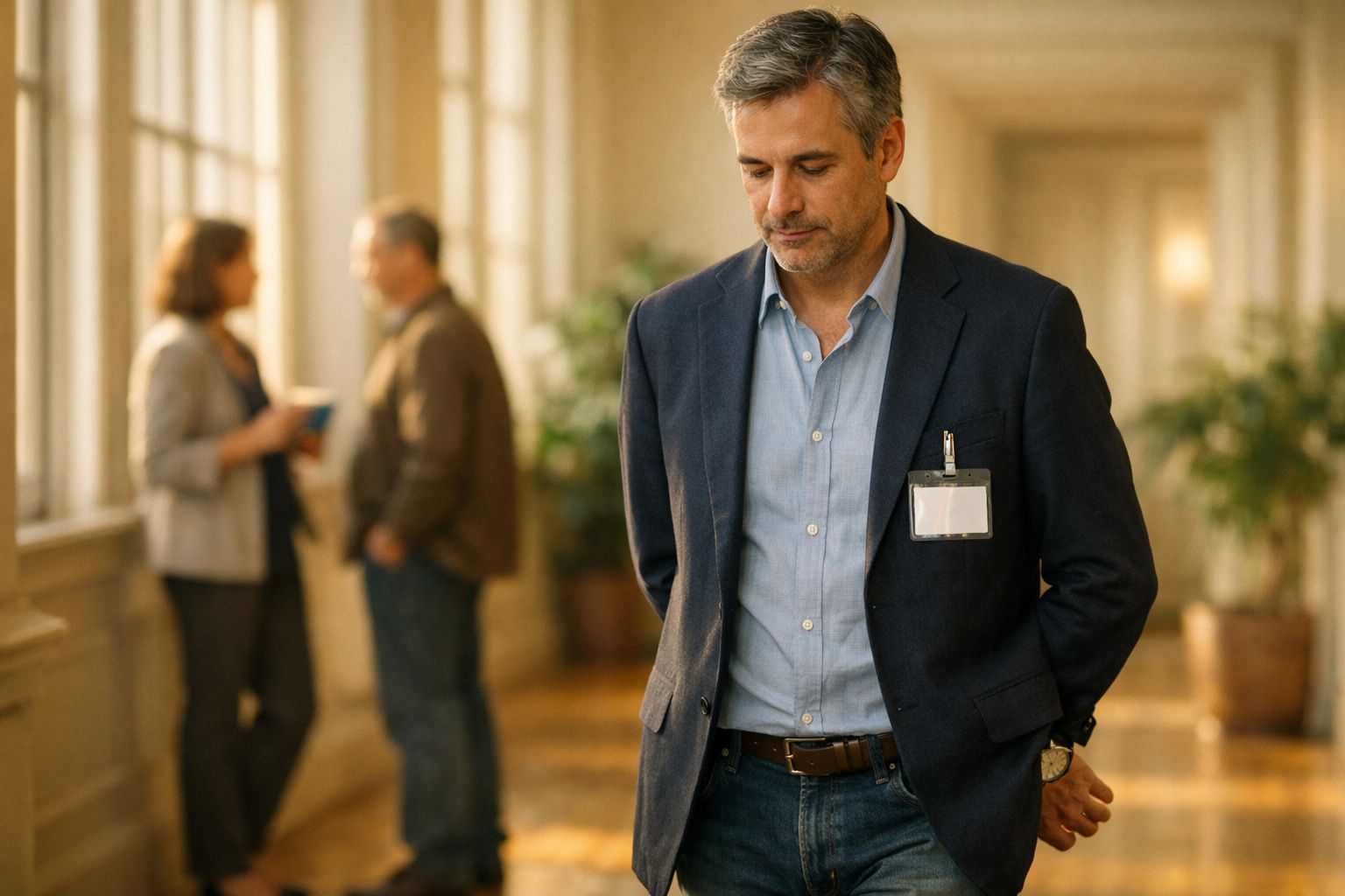 Pessoa de camisa azul de costas, caminhando numa calçada de pedra com quatro pessoas ao fundo em conversa.