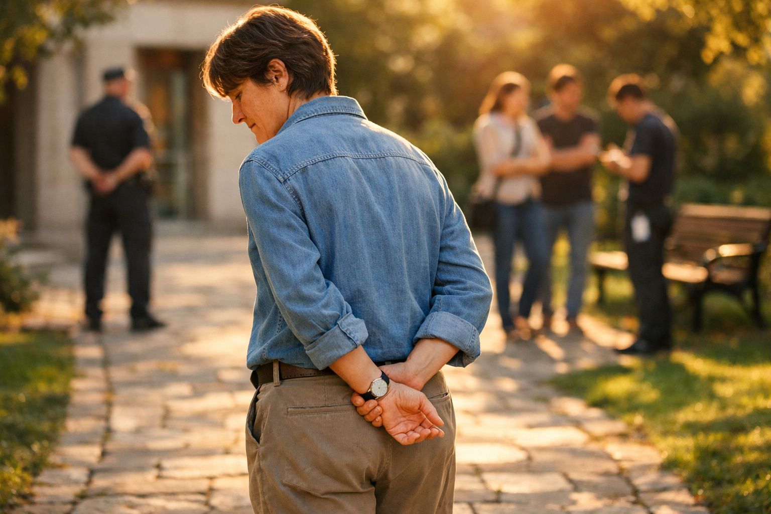 Pessoa de camisa azul com mãos atrás das costas num parque, com grupo desfocado ao fundo.