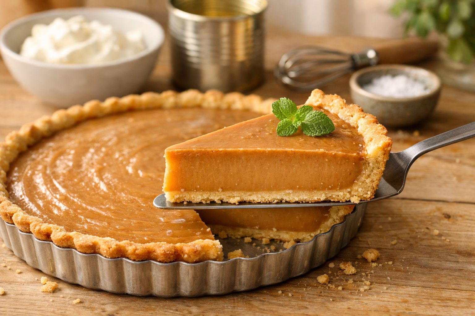Tarte de caramelo com uma fatia retirada, decorada com chantilly e canela, sobre mesa rústica de madeira.