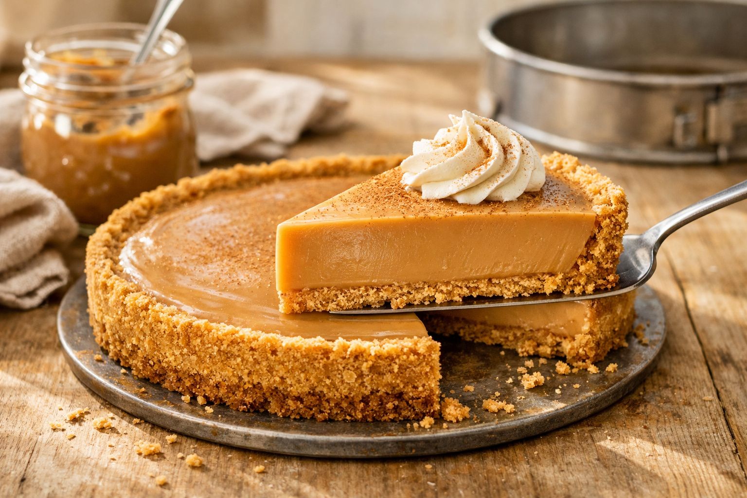 Tarte de caramelo com crosta crocante e fatia servida numa espátula, decorada com chantilly e canela.