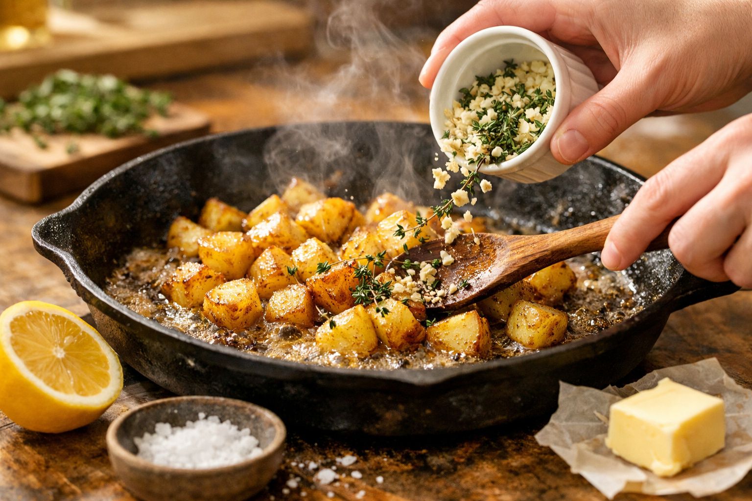 Batatas douradas numa frigideira, temperadas com alho e tomilho. Manual a adicionar ervas com uma colher de pau.