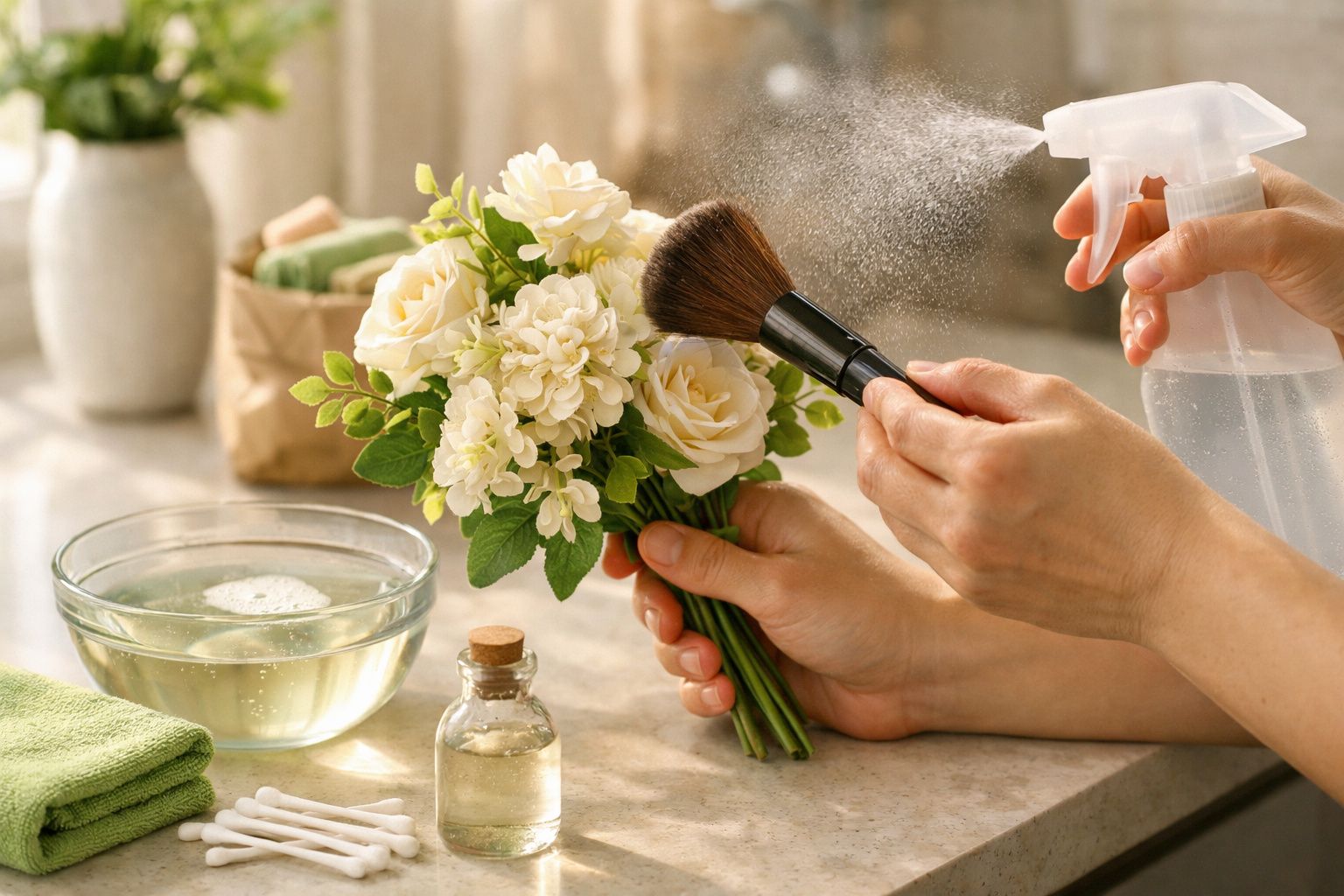 Mãos cuidando de flores brancas com pincel e borrifador, numa mesa com água e óleo essencial.