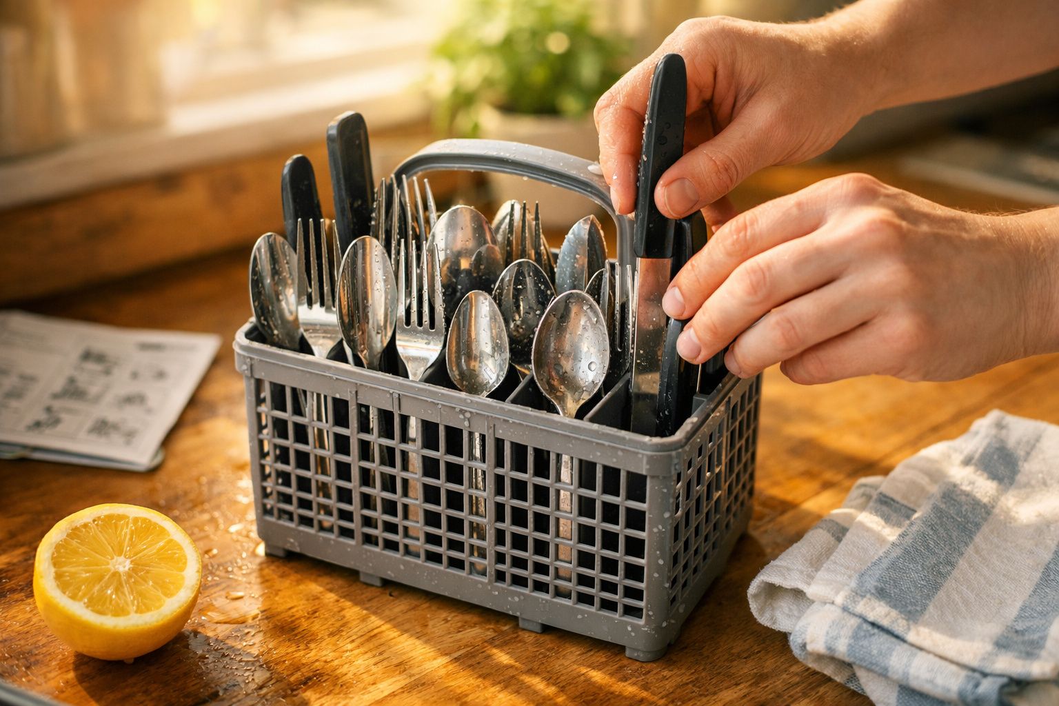 Mãos organizam utensílios de cozinha num cesto de plástico sobre bancada de madeira, com limão cortado ao lado.