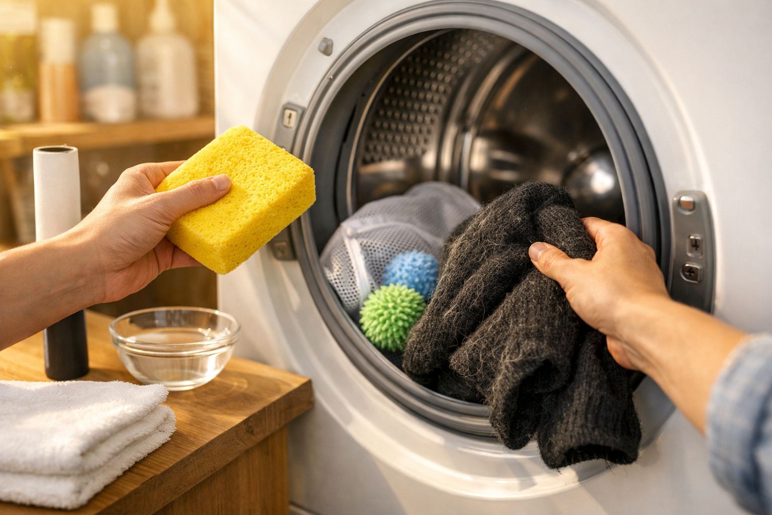 Pessoa a colocar roupa numa máquina de lavar, segurando uma esponja amarela. Há bolas e uma rede no tambor.