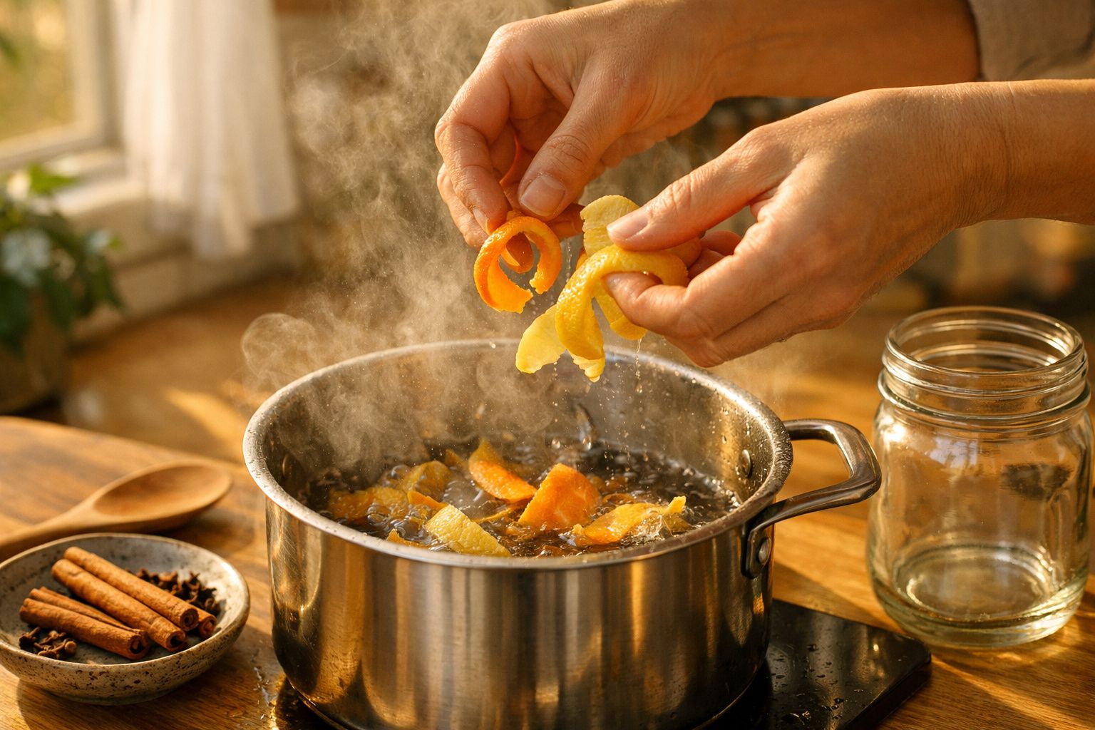Mãos adicionam cascas de citrinos em água fervente numa panela. Ao lado, um frasco vazio e um prato com pau de canela.