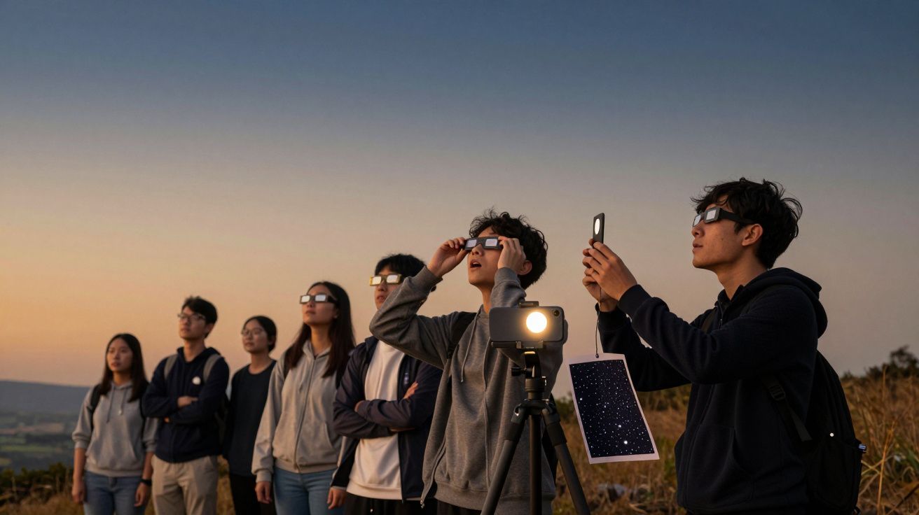Grupo de jovens observando estrelas com óculos especiais ao pôr do sol, junto a um telescópio.