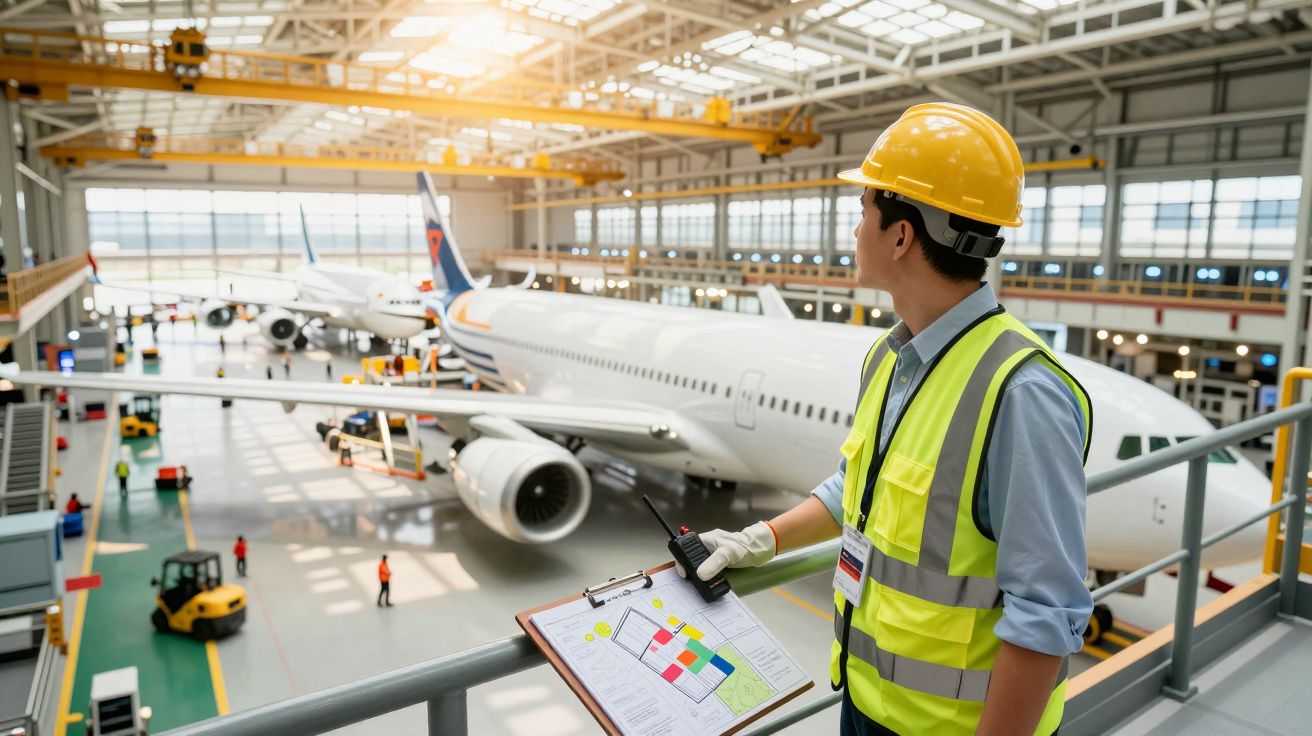 Técnico de segurança observa aviões num hangar, segurando rádio e prancheta; ambiente industrial iluminado.