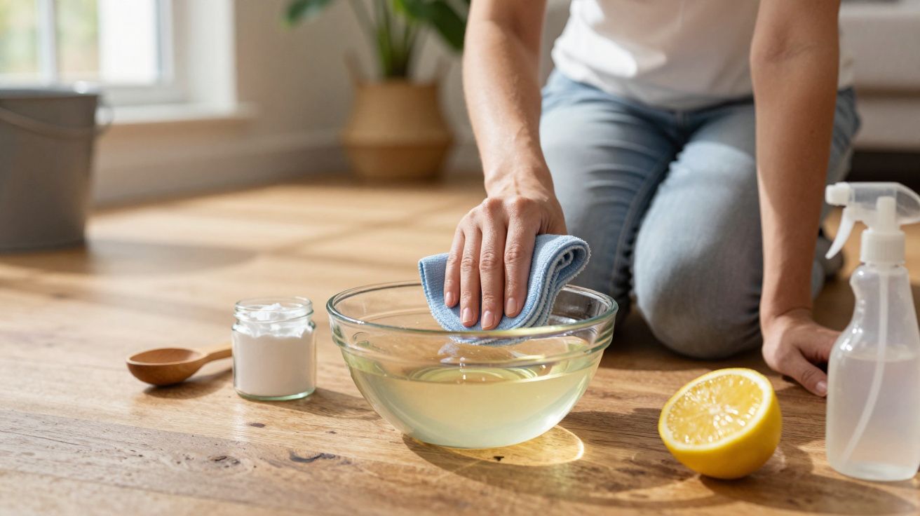 Pessoa a limpar o chão de madeira com um pano e solução natural de limão. Pulverizador e bicarbonato em volta.