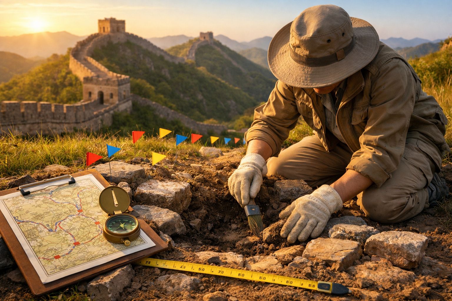 Arqueólogo escava perto da Grande Muralha da China com ferramentas, mapa e bússola ao nascer do sol.