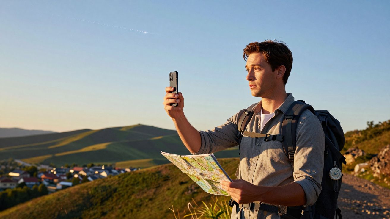 Homem com mochila usa telemóvel e segura mapa enquanto caminha numa paisagem montanhosa ao pôr-do-sol.