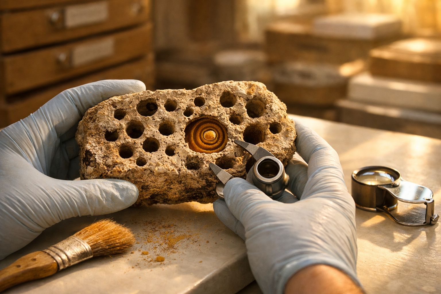 Mãos de luvas seguram objeto fossilizado com buracos, usando pinça e lente de aumento sobre mesa de laboratório.