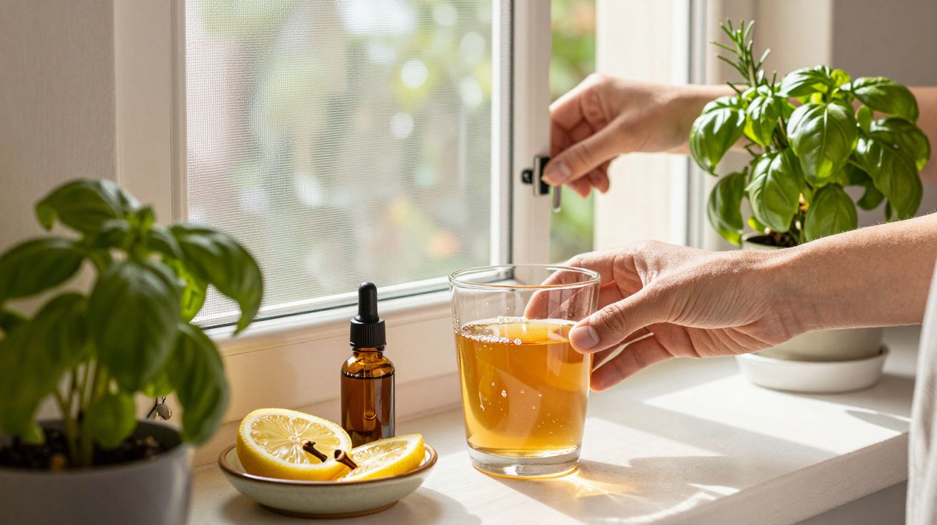 Mãos ajustando janela ao lado de um copo de chá com limão, frascos de óleo essencial e vasos de plantas no parapeito.