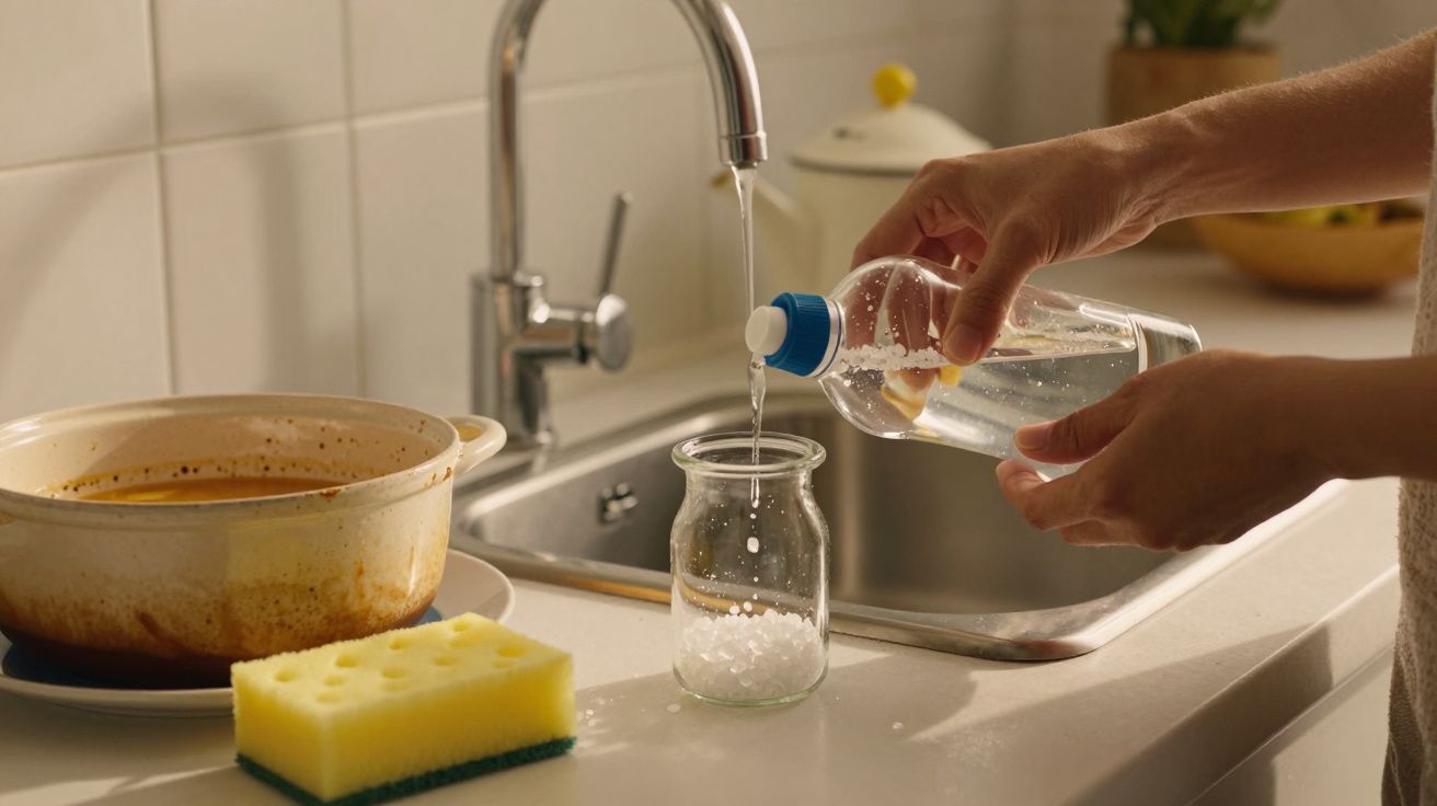 Mãos despejam líquido de uma garrafa em frasco junto de uma esponja e panela ao lado de uma torneira aberta na cozinha.