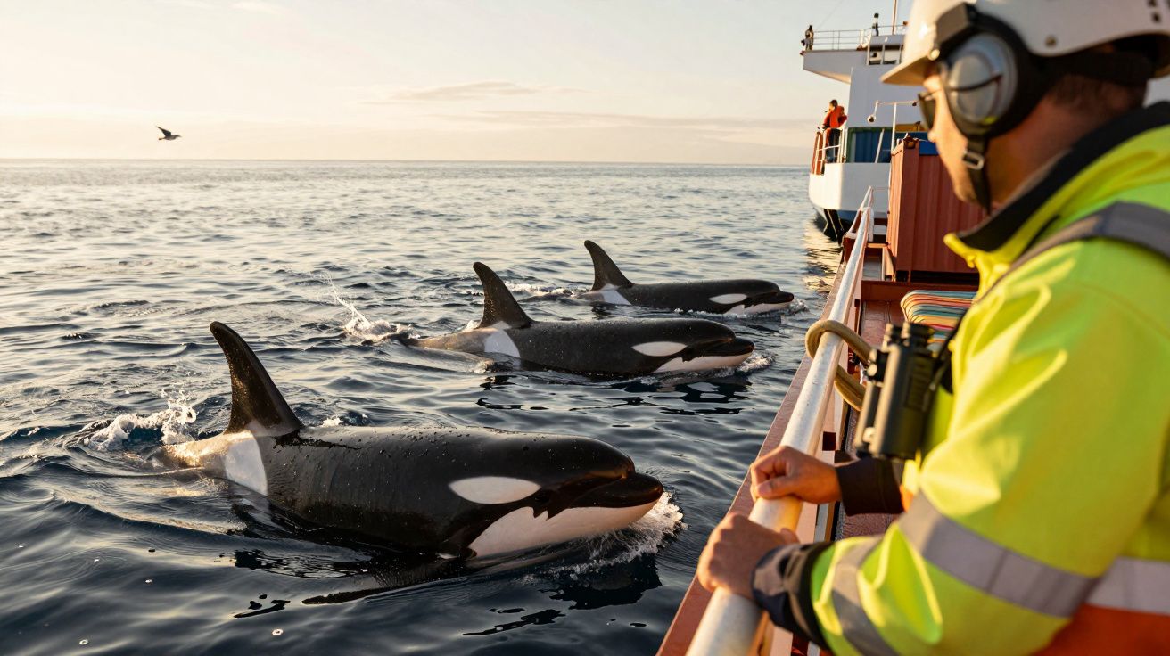 Funcionário de capacete observa três orcas nadando ao lado de um barco em mar calmo, com um pássaro ao fundo.
