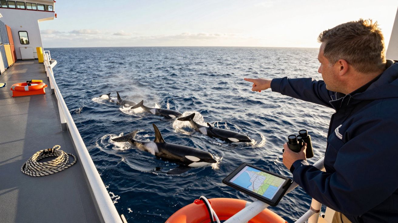 Homem numa embarcação aponta para orcas próximas na água. Ele segura binóculos e um tablet com mapa.