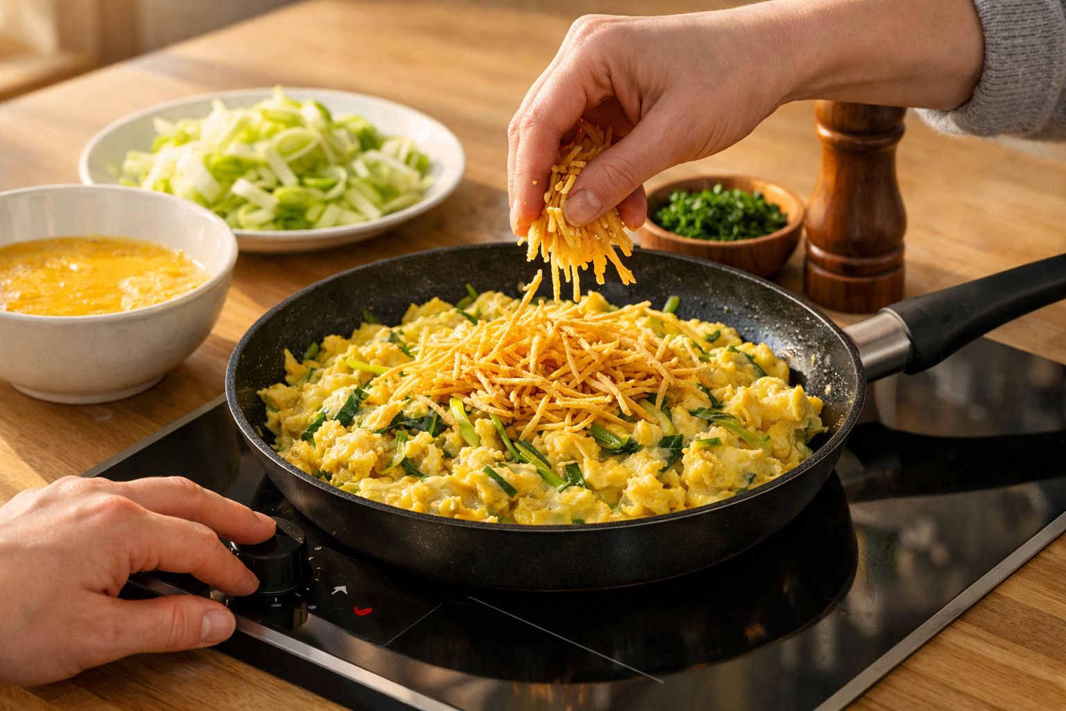 Mão adiciona batata palha a ovos mexidos com ervas numa frigideira, sobre um fogão; tábua com cebolinha e salsa ao fundo.