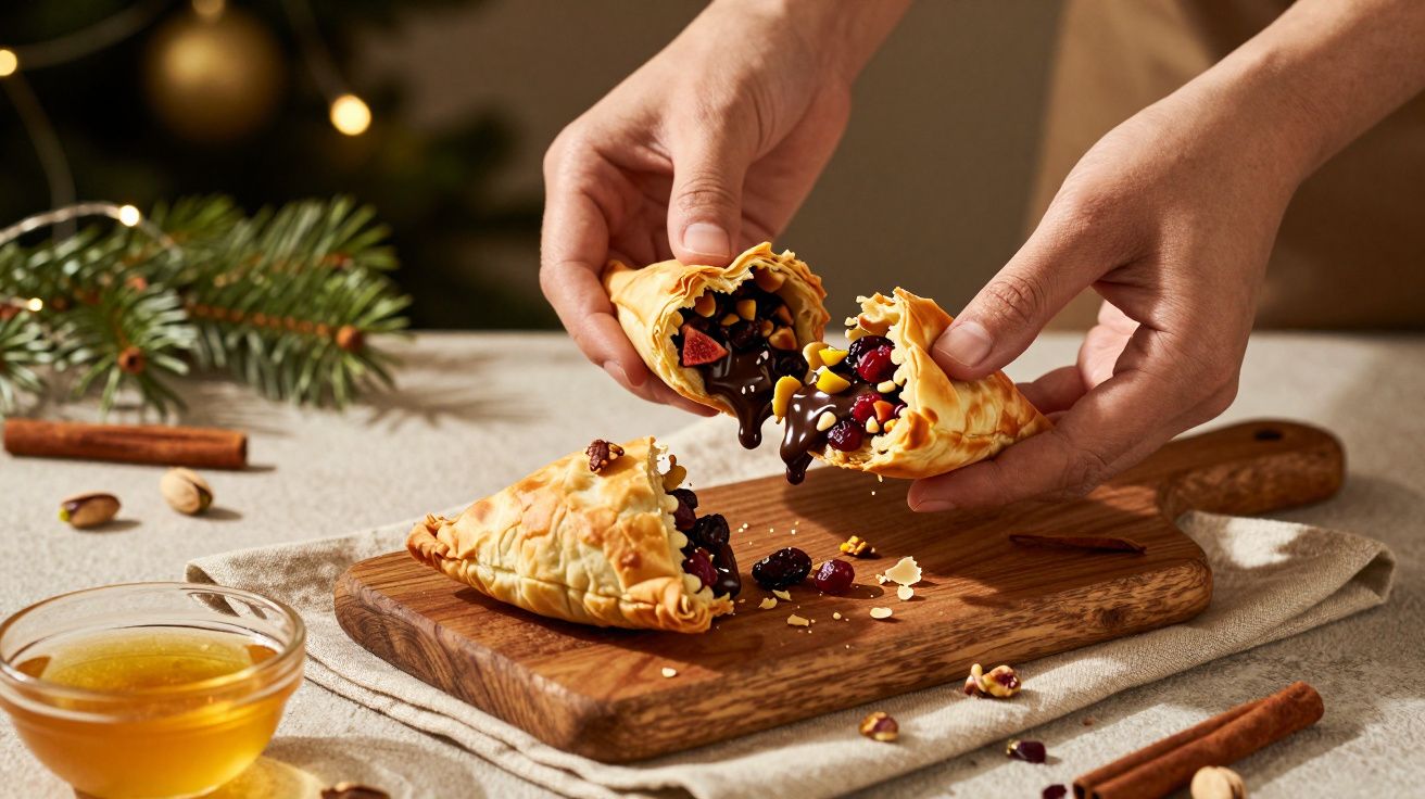 Mãos partem pastel recheado com chocolate e frutos num tabuleiro de madeira, com mel e decoração natalícia ao fundo.