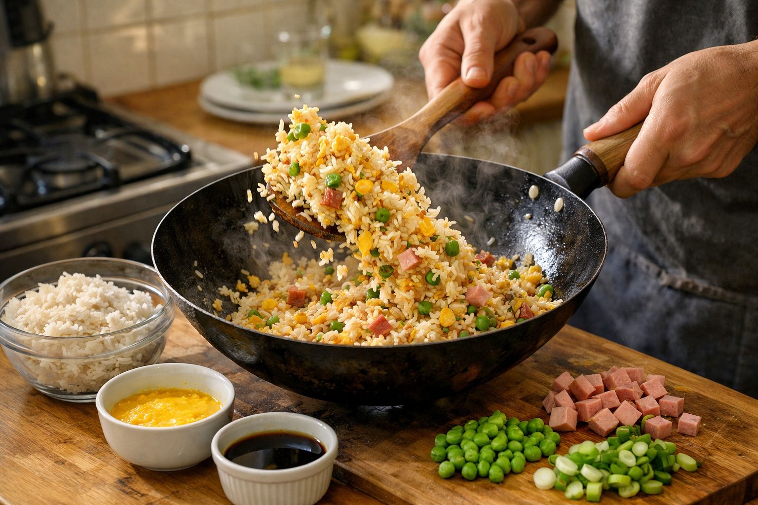 Pessoa cozinha arroz frito com legumes e carne num wok, ingredientes ao lado em tigelas.