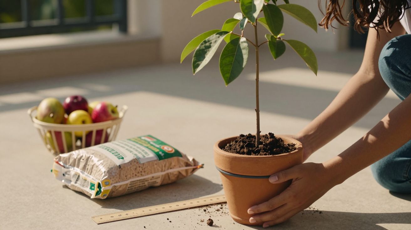 Pessoa planta árvore em vaso de barro ao lado de saco de terra e cesta com maçãs.