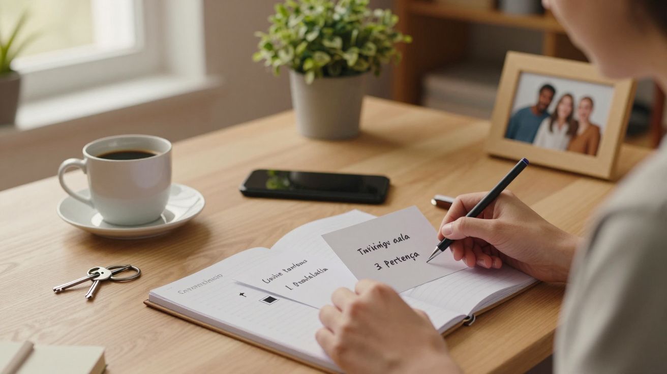Pessoa escrevendo em caderno sobre mesa com chávena, telemóvel e chaves, junto a uma janela iluminada.