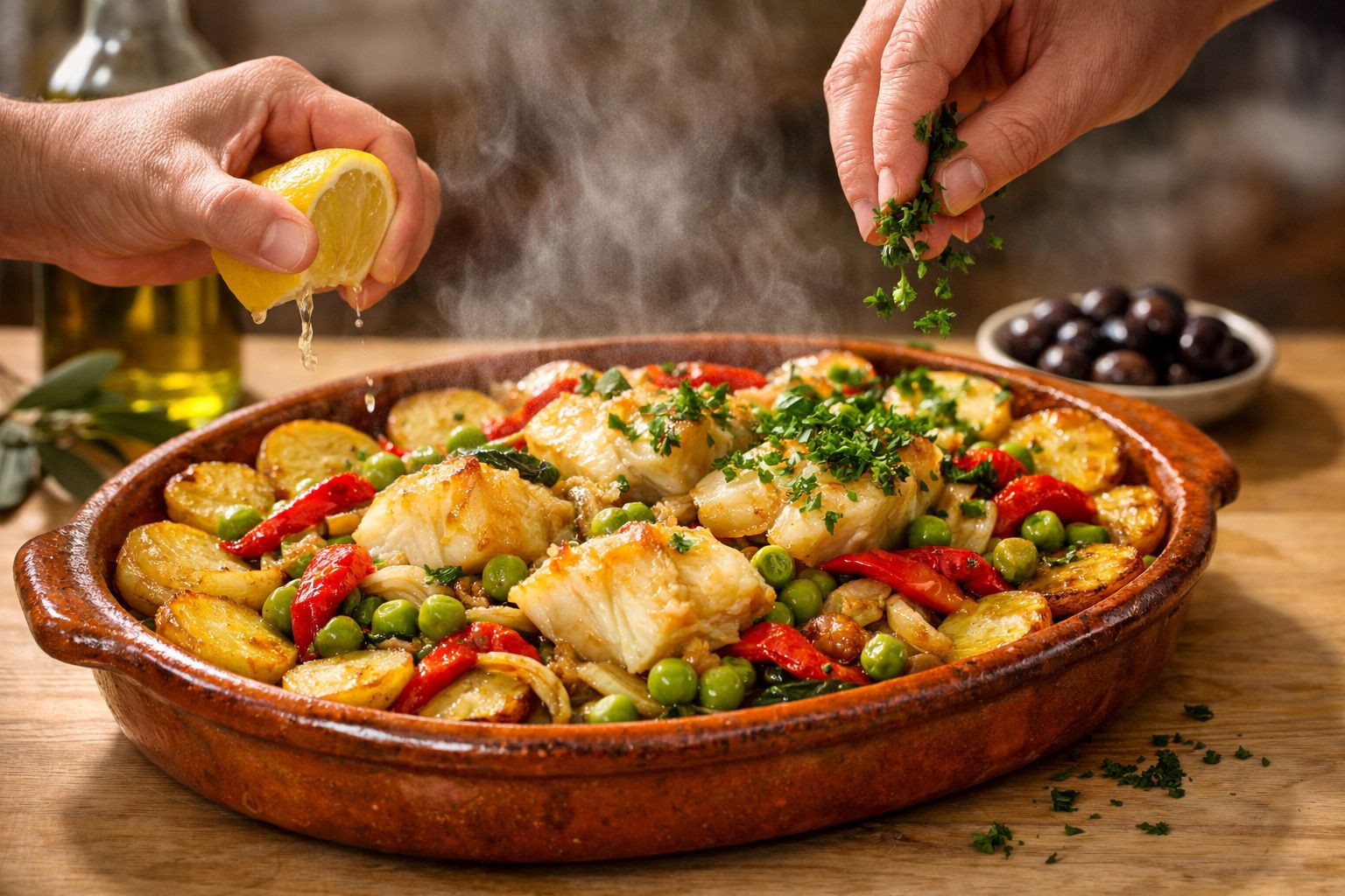 Bacalhau com batatas, ervilhas e pimentos. Mãos adicionam limão e salsa ao prato em travessa de barro.
