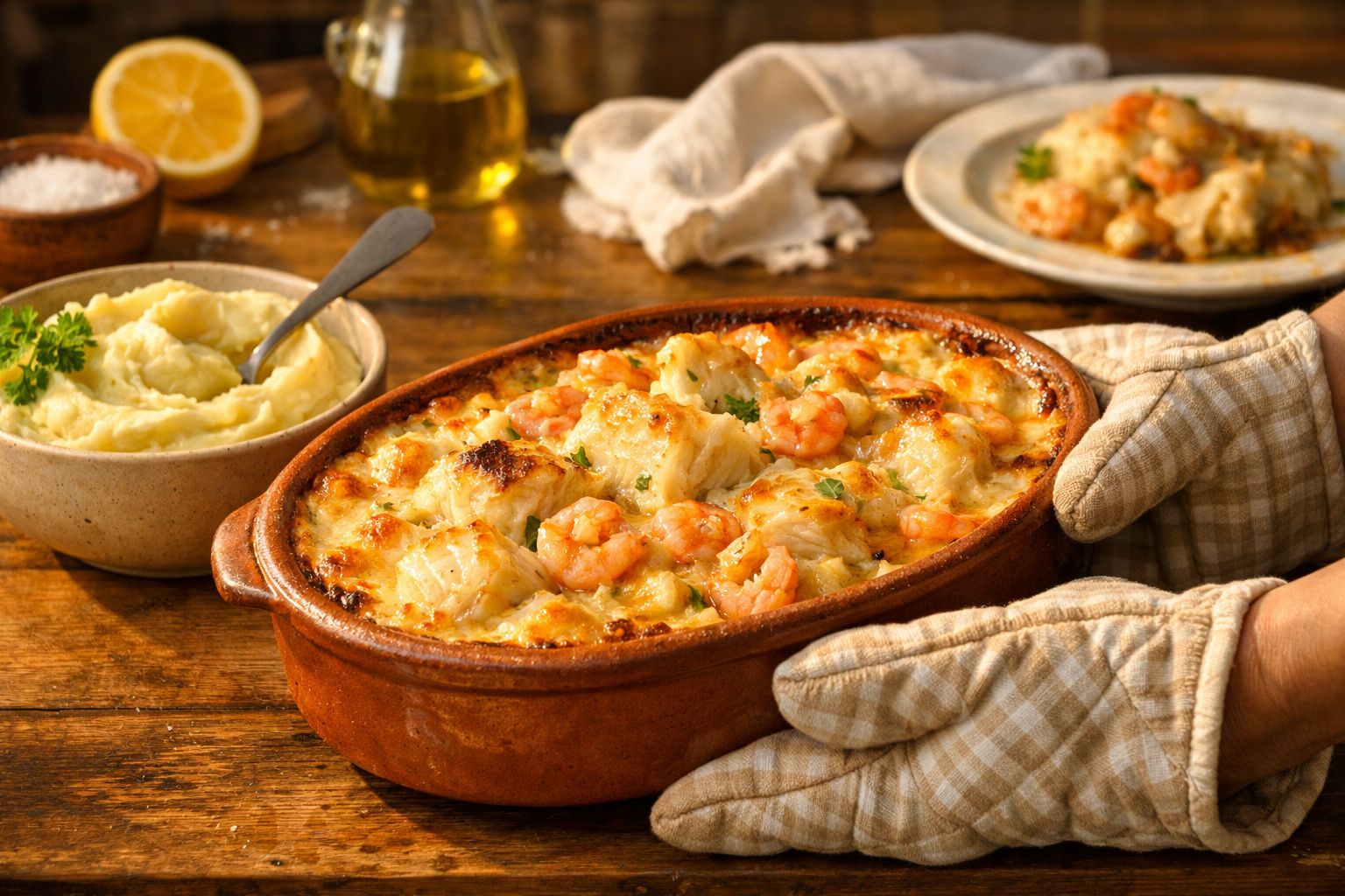 Prato de bacalhau gratinado com camarões em tabuleiro de barro, acompanhado de puré de batata em tigela.