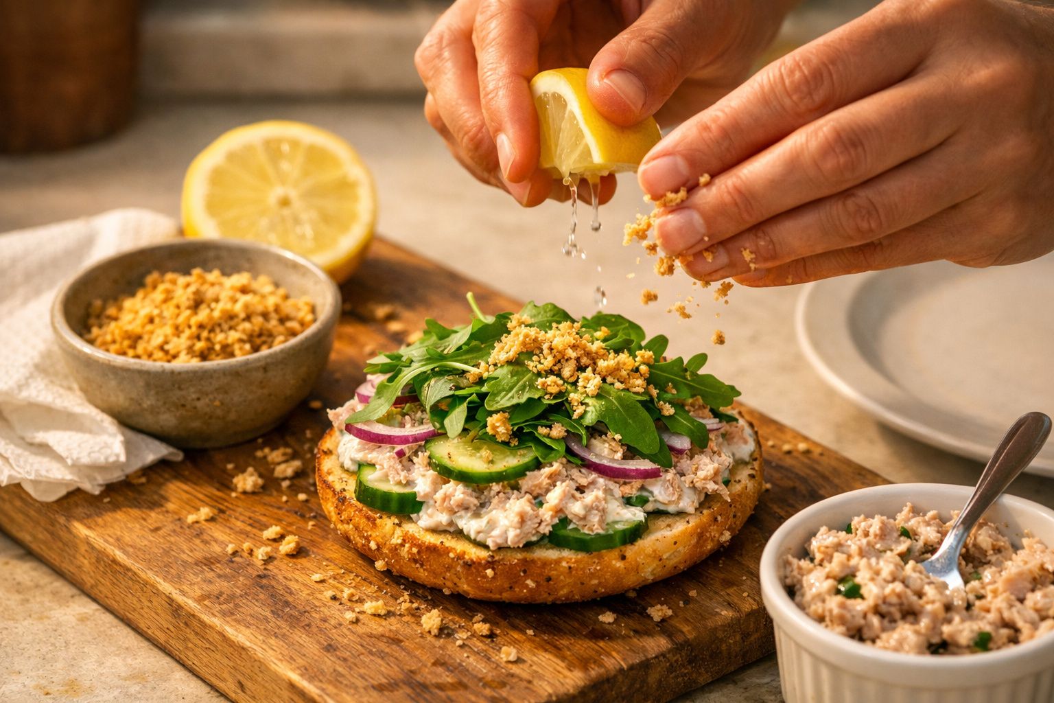 Mãos espremem limão sobre bagel com pasta, pepino, cebola roxa, rúcula e migalhas. Fatia de limão ao fundo.