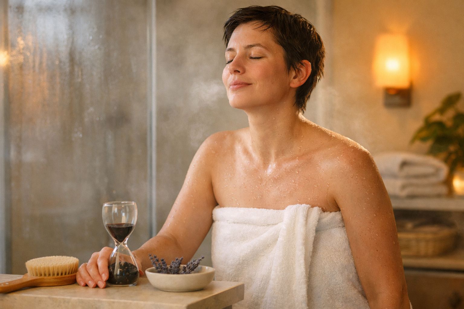 Mulher relaxa num spa, enrolada numa toalha, com ampulheta, lavanda e luz suave ao fundo.