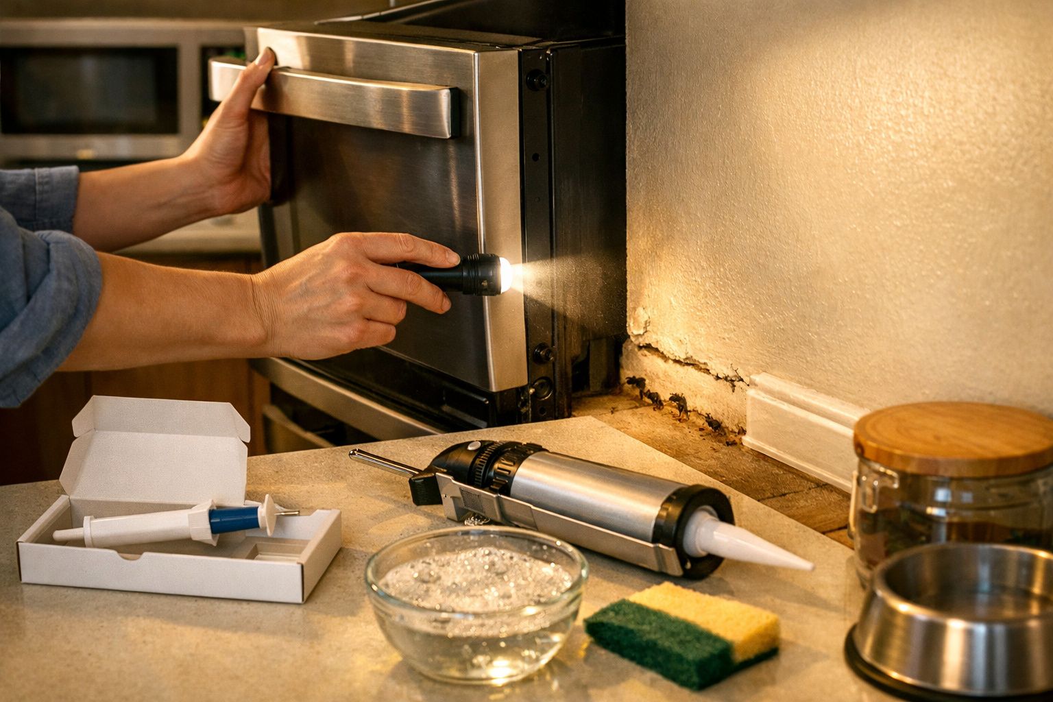 Pessoa inspeciona forno com lanterna; seringas, pistola de calafetagem e esponja sobre o balcão.