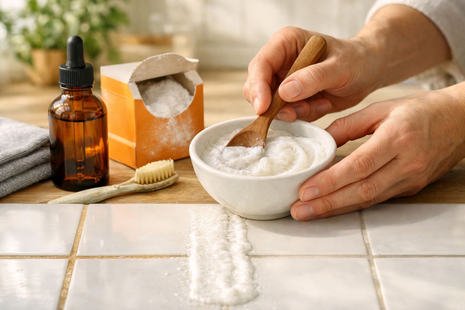Mãos misturam substância em taça com colher de madeira; frasco âmbar e caixa de pó branca perto; limpa azulejos.