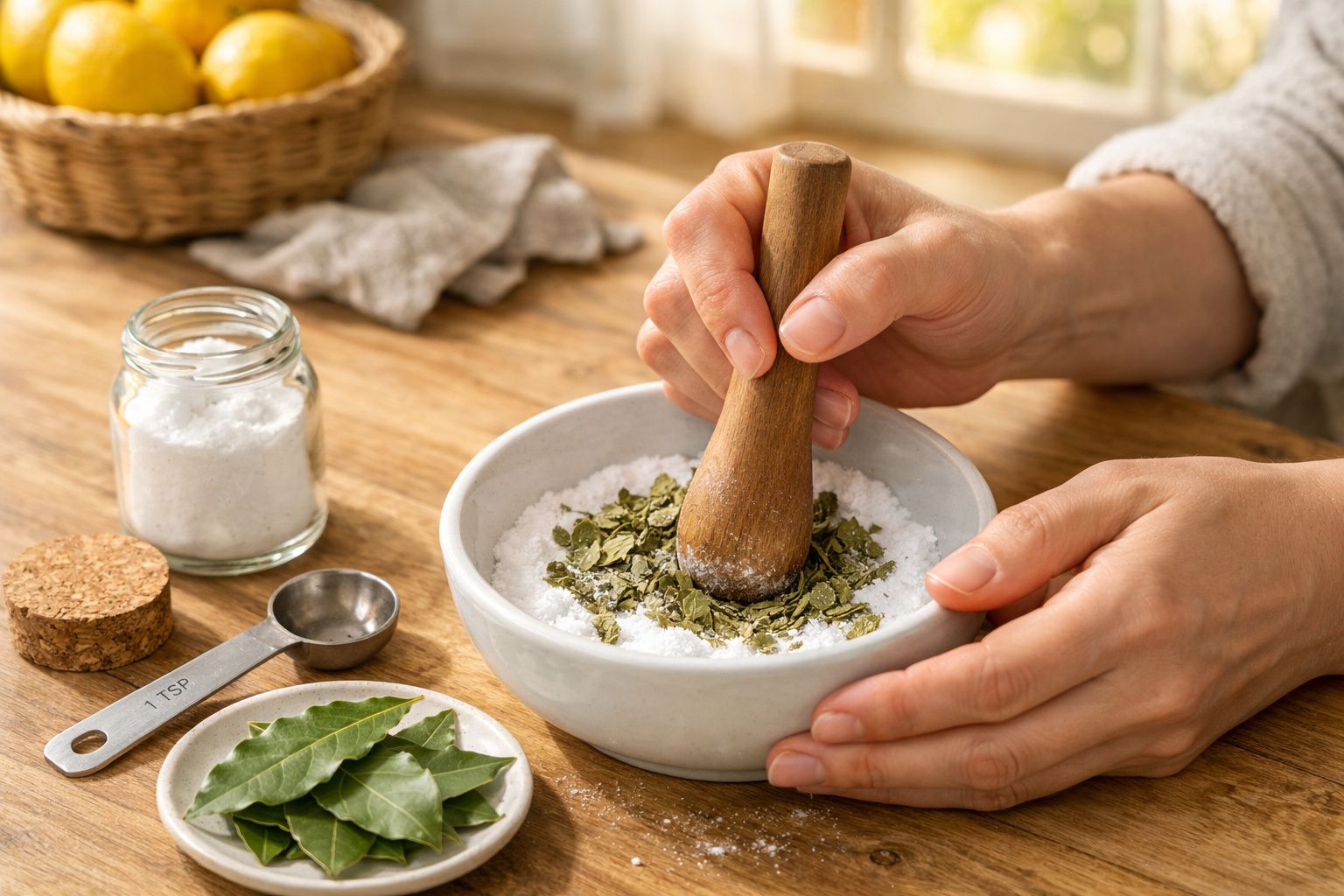 Pessoa a esmagar folhas secas numa taça com argamassa, ao lado de um frasco de sal e folhas de louro.