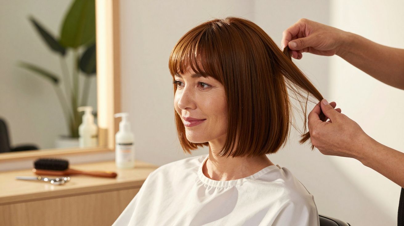 Mulher com cabelo castanho curto, sentada num salão de cabeleireiro, enquanto estilista ajusta o seu penteado.