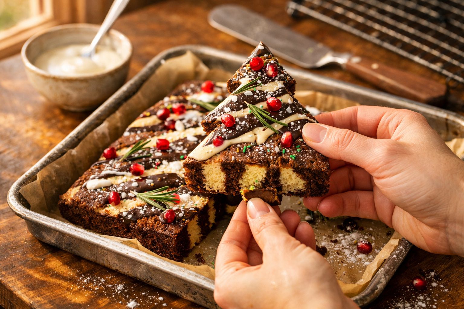 Bolo em forma de árvore de Natal com chocolate, romãs e raminhos de alecrim, servido numa travessa.