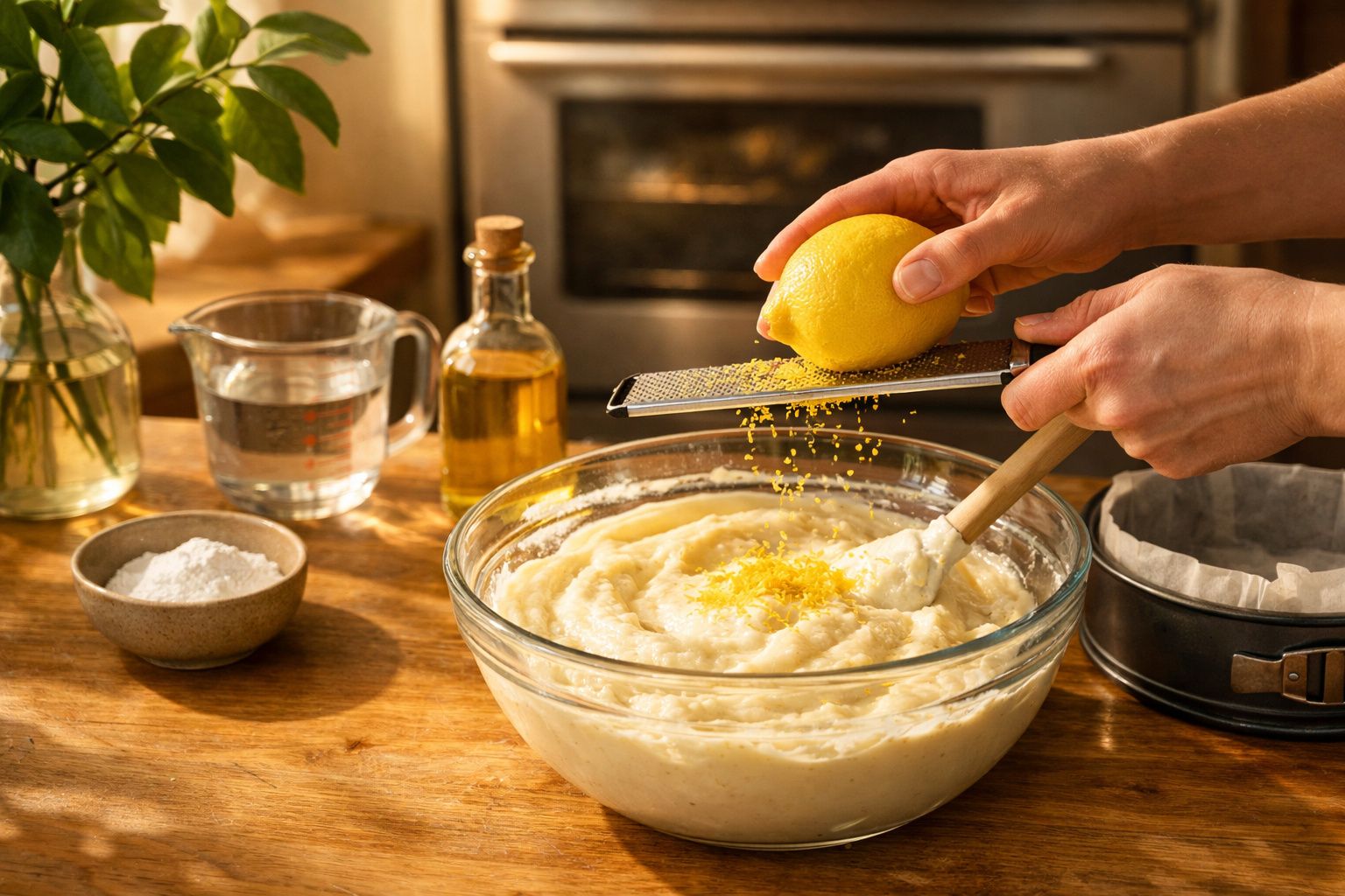 Pessoa rala casca de limão sobre massa de bolo em tigela de vidro, em cozinha iluminada.