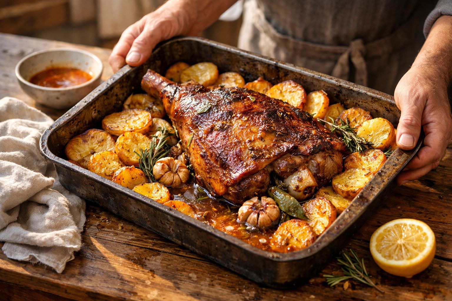 Pernil de borrego assado com batatas e alho num tabuleiro, acompanhado de ervas aromáticas.