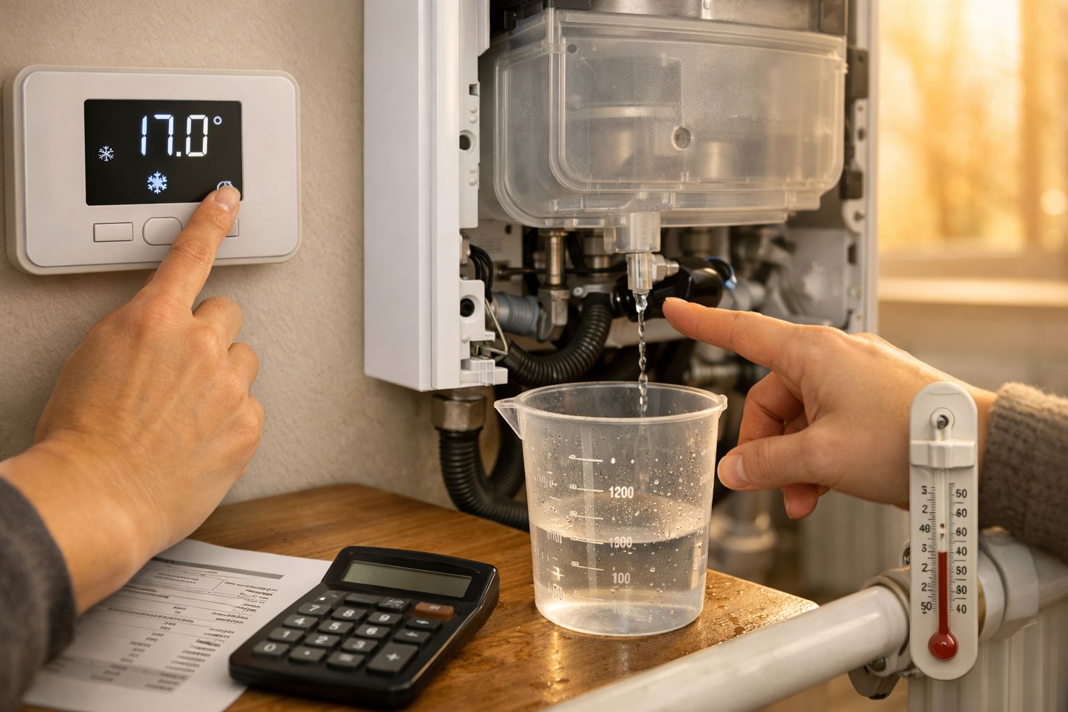 Pessoa ajusta termóstato, medindo água em jarra junto a caldeira, com termómetro e calculadora na mesa.